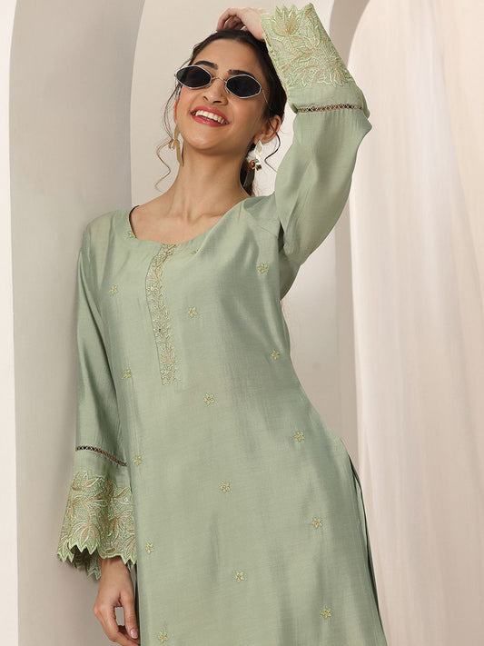 Floral Embroidered Round Neck Flared Sleeves Sequinned Kurta With Trousers