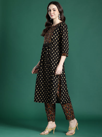 Printed Pleated Pure Cotton Kurta with Trousers