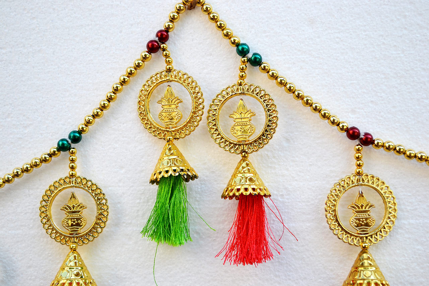 Kalash Pearl Beads Toran, Traditional Toranam, Pom Pom Hanging Bandarwal for Main Entrance Door Pooja Room Wall Home Decoration Handmade Latest Traditional Design (Type 12)