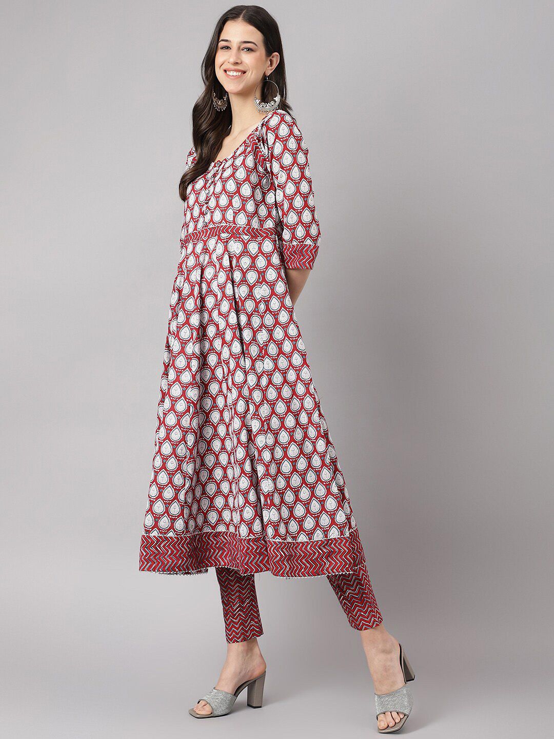 Dhiyona KL Ethnic Motifs Printed Pure Cotton Anarkali Kurta & Trousers With Dupatta
