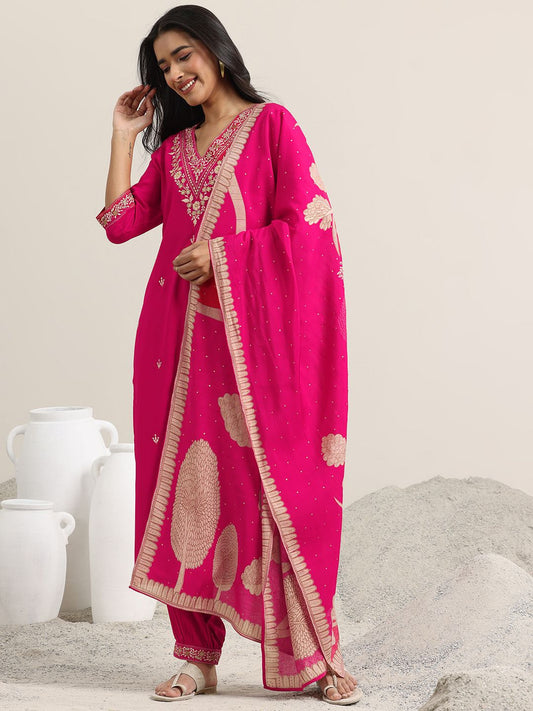 Floral Embroidered Sequinned V-Neck Straight Kurta with Salwar & Dupatta