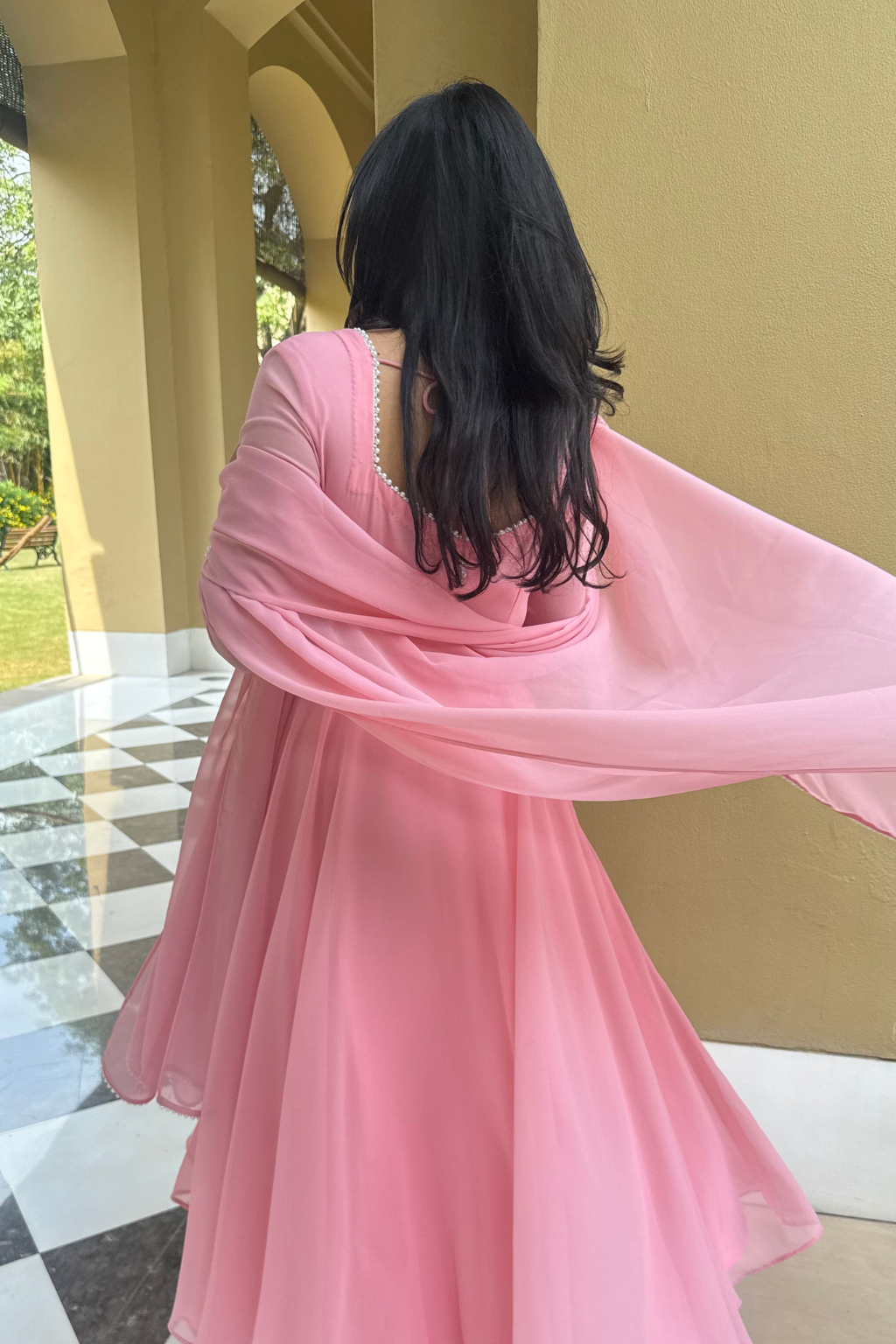 Dhiyona ST 3 pc Suit Set -Light Pink Pearl Edge Georgette 3/4th Sleeve Anarkali with Dupatta and Pants