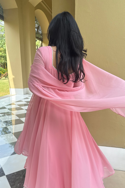 Dhiyona ST 3 pc Suit Set -Light Pink Pearl Edge Georgette 3/4th Sleeve Anarkali with Dupatta and Pants