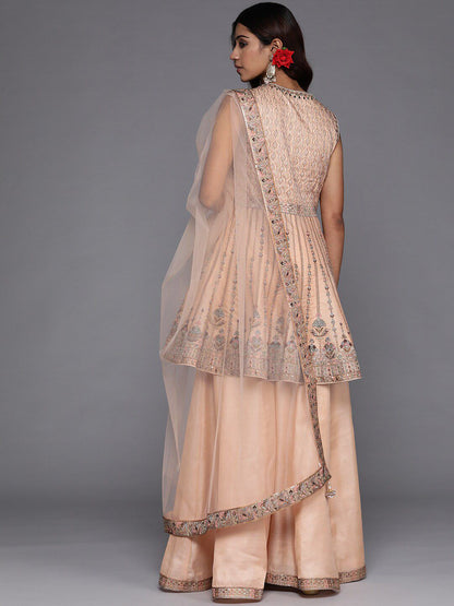 Dhiyona LL Libas Womens Peach Embroidered Silk Anarkali Kurti With Palazzos & Dupatta