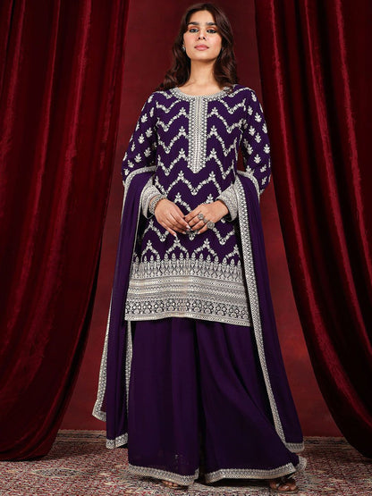 Dhiyona LL Embroidered Mirror Work Round Neck Kurta With Palazzos & Dupatta