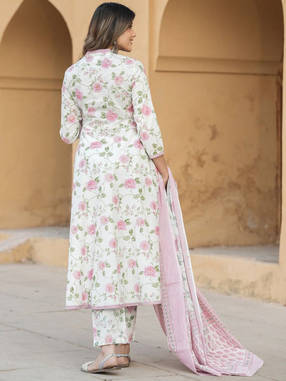 Dhiyona KL Women Floral Printed Regular Thread Work Pure Cotton Kurta with Trousers & Dupatta