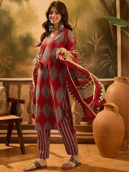 Printed Pure Cotton V-Neck Kurta & Trousers Kurta Sets