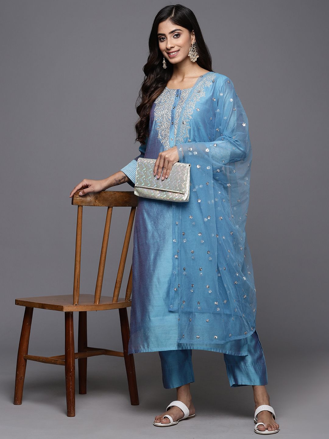 Blue Floral Embroidered Chanderi Silk Kurta With Trousers & Dupatta