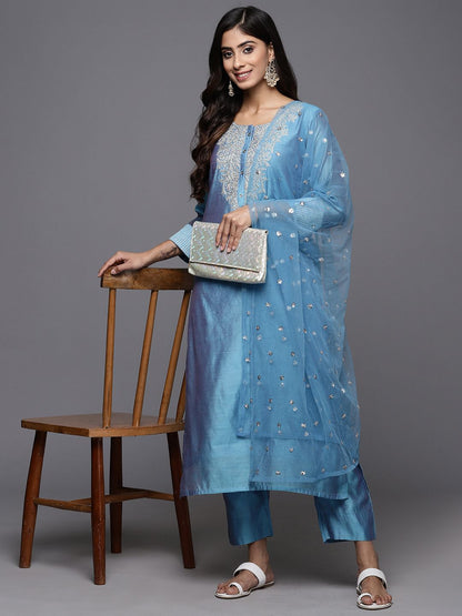 Blue Floral Embroidered Chanderi Silk Kurta With Trousers & Dupatta