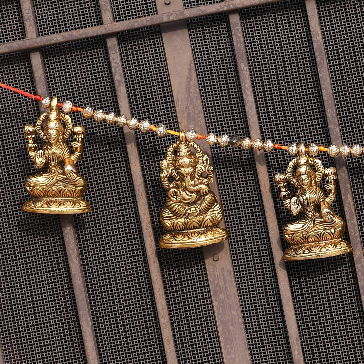 Metal Door Hanging Toran Bandarwal Set of 10 for Home Decoration/Lakshmi Ganesha Toran Mandir Temple (35 x 3.5 inch, Gold)