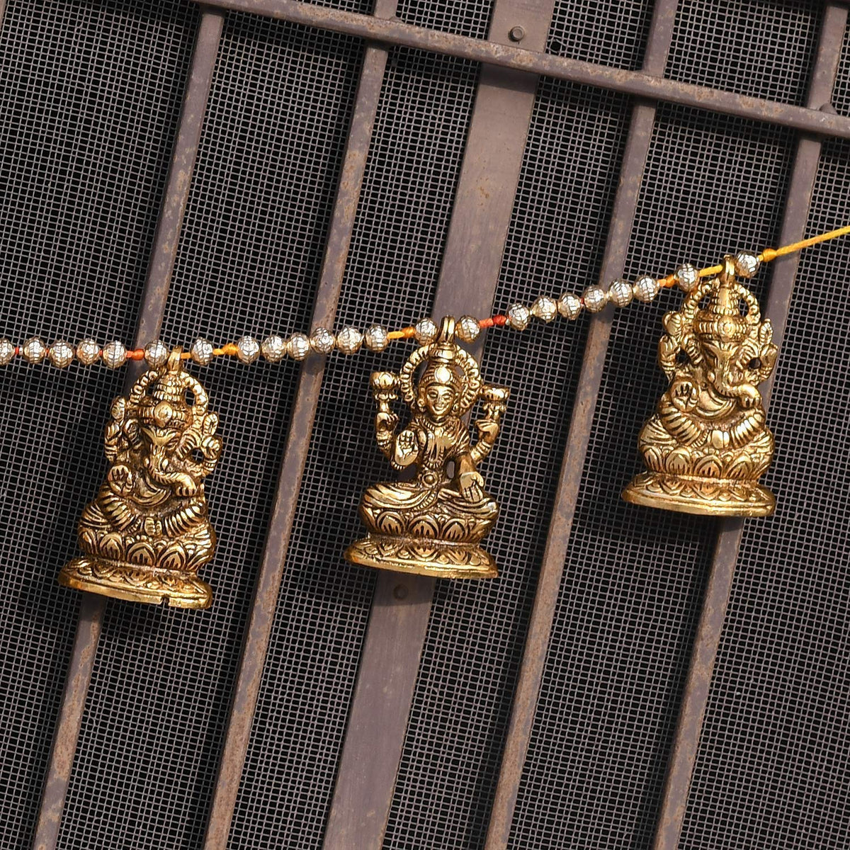 Metal Door Hanging Toran Bandarwal Set of 10 for Home Decoration/Lakshmi Ganesha Toran Mandir Temple (35 x 3.5 inch, Gold)