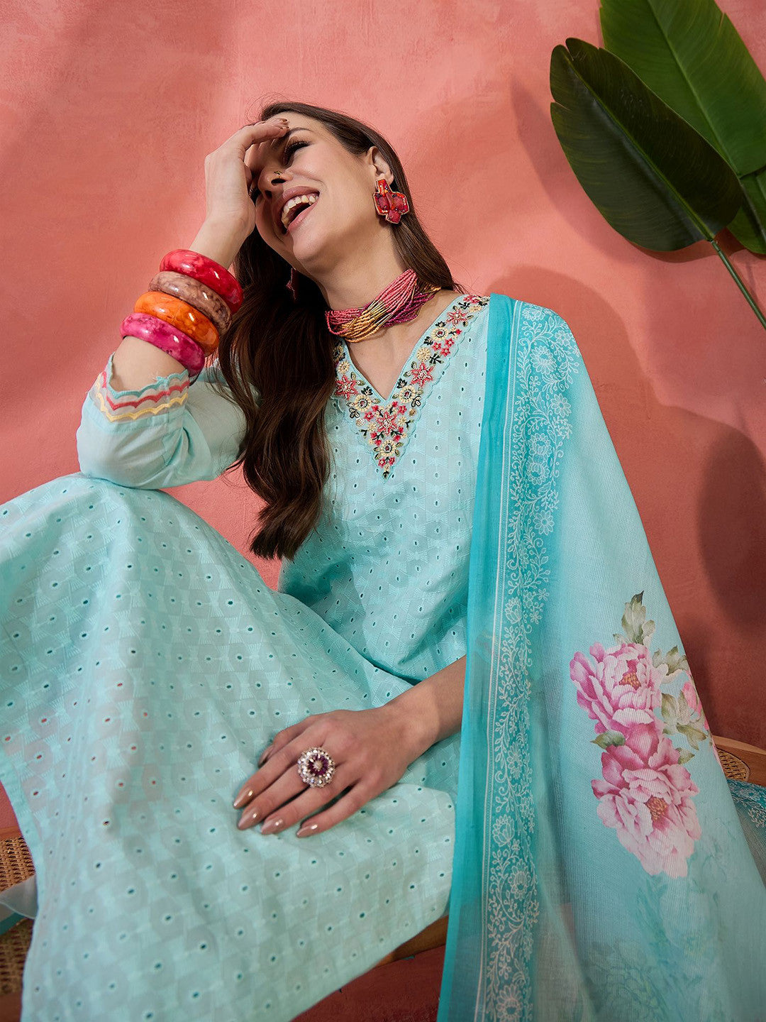 Floral Embroidered Schiffli Pure Cotton Straight Kurta With Trouser And Dupatta