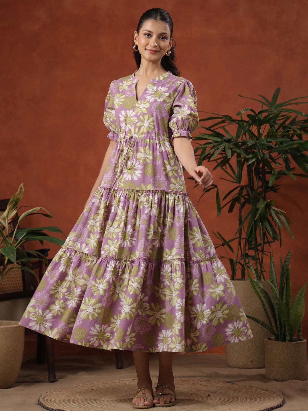 Dhiyona AY Women's Floral Print Tie-Up Tiered Cotton Maxi Fit & Flare Dress