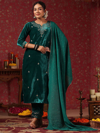 Dhiyona IS Women's Teal Ethnic Motifs Embroidered Thread Work Velvet Kurta With Trousers & Dupatta
