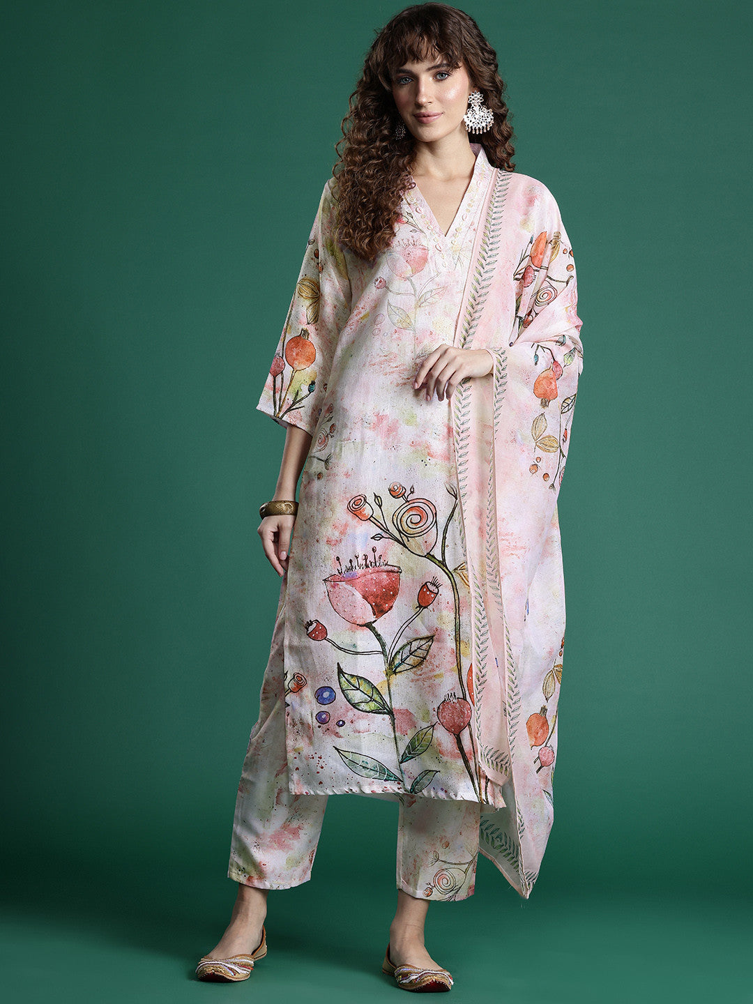 Floral Printed Beads & Stones Chanderi Silk Kurta With Trousers & Dupatta