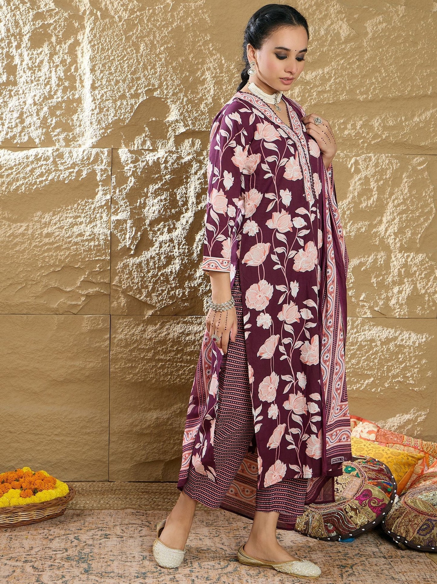 Floral Printed Pure Cotton V-Neck Straight Kurta With Trousers And Dupatta
