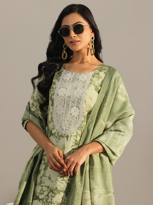 Green Floral Printed Patchwork Straight Kurta With Trouser And Dupatta