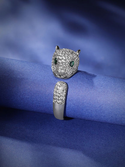 Dhiyona RJ Women's Rhodium Plated Emerald & Cubic Zirconia Studded Panther Statement Ring