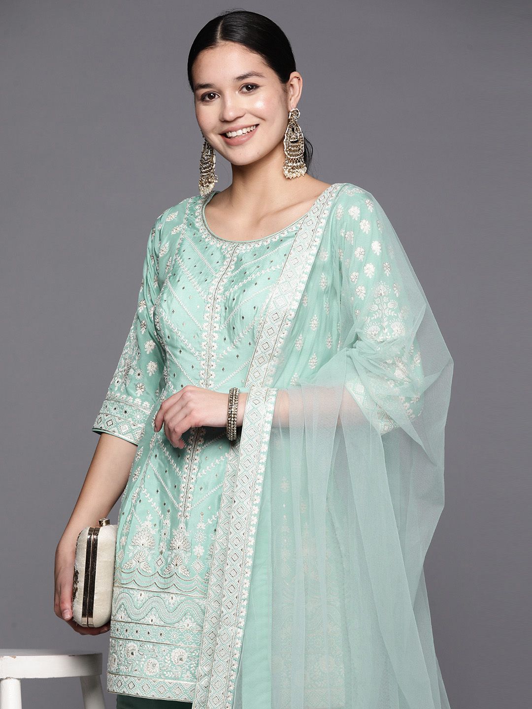 Dhiyona LL Women Ethnic Motifs Embroidered Pure Silk Kurti With Sharara & Dupatta