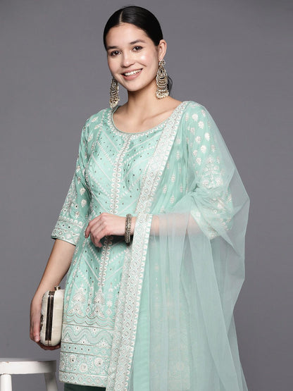 Dhiyona LL Women Ethnic Motifs Embroidered Pure Silk Kurti With Sharara & Dupatta