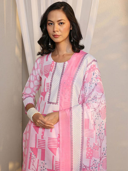 Libas Pink Geometric Printed Straight Suit Set with Dupatta
