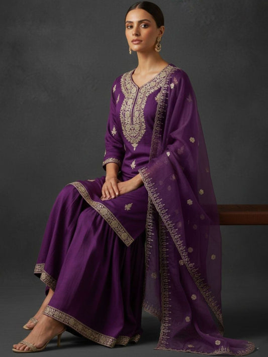 Dhiyona VA Women Ethnic Motifs Embroidered Regular Thread Work Kurta with Sharara & With Dupatta