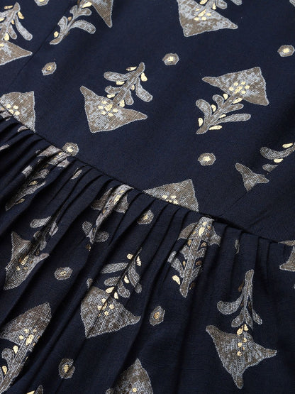 Dhiyona AN Women Navy Blue & Grey Ethnic Motifs Printed Kurta with Sharara & Dupatta