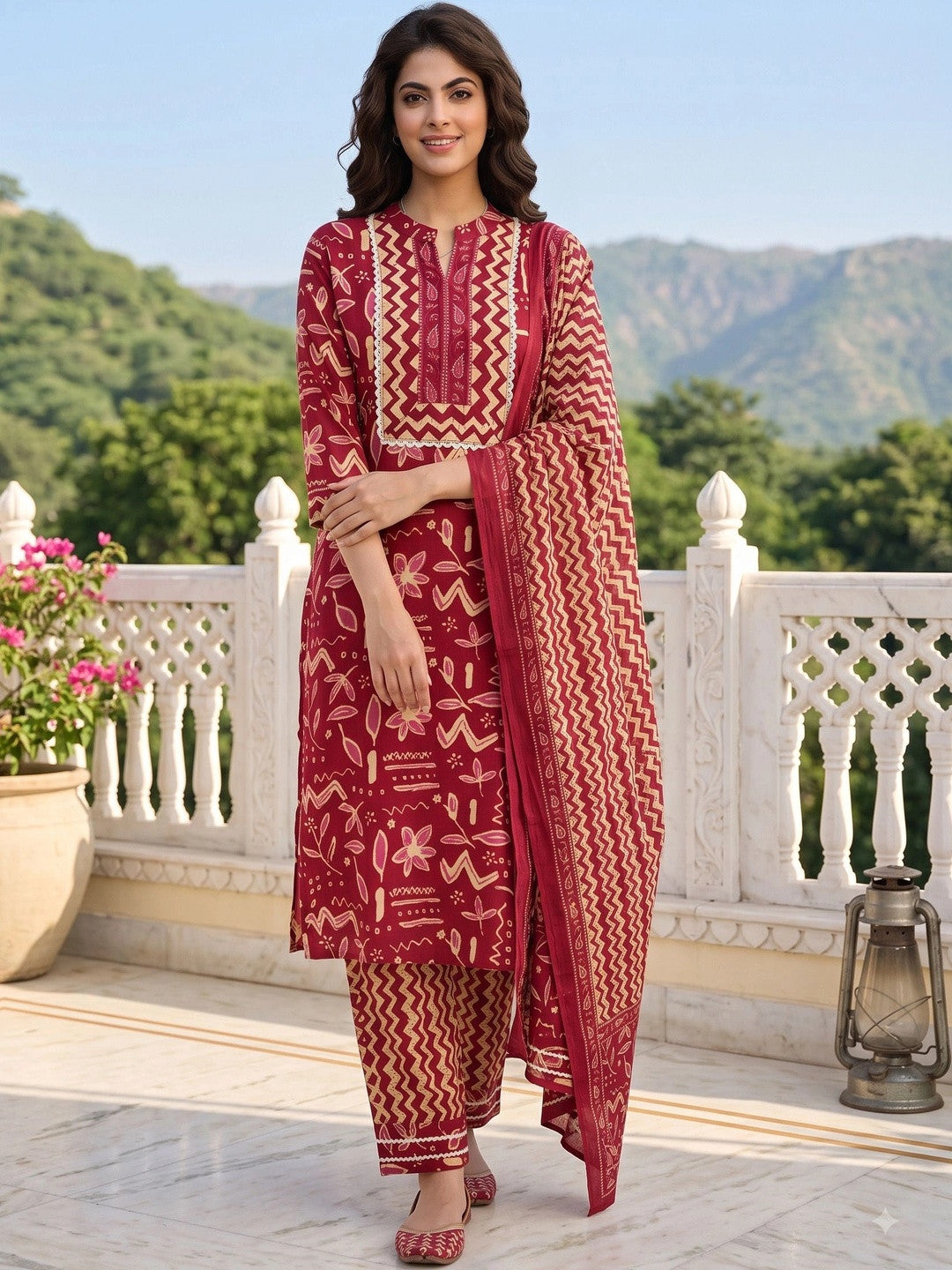 Women Ethnic Motifs Printed Regular Pure Cotton Kurta with Trousers & With Dupatta
