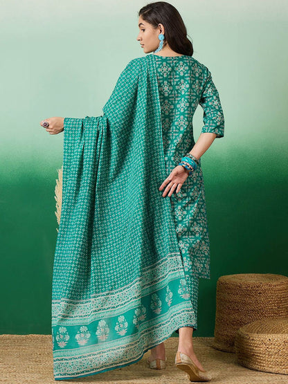 Dhiyona SN Women's Printed Pure Cotton Straight Kurta With Trousers & Dupatta
