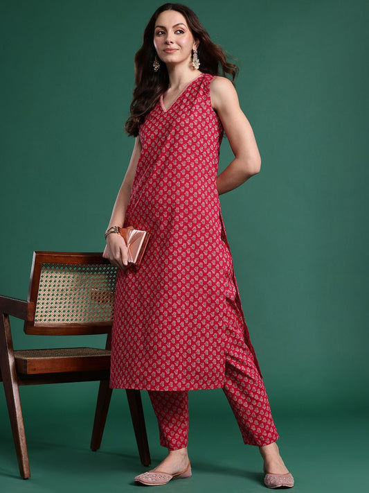 Dhiyona IE Floral Printed Regular Pure Cotton Kurta with Trousers