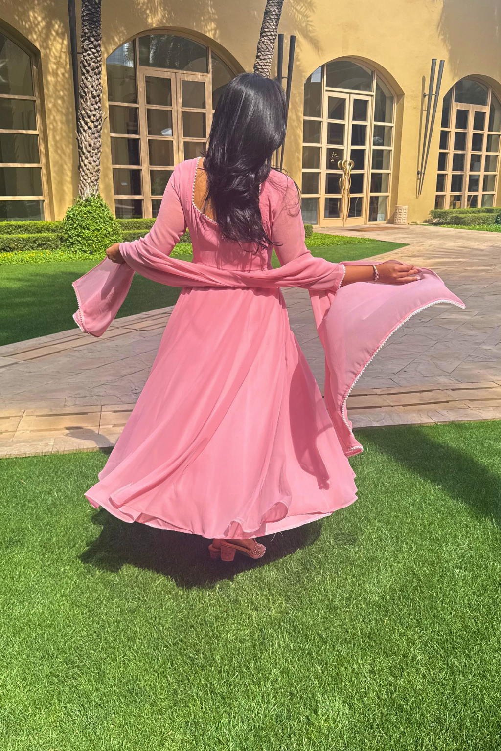 Dhiyona ST 3 pc Suit Set -Light Pink Pearl Edge Georgette 3/4th Sleeve Anarkali with Dupatta and Pants