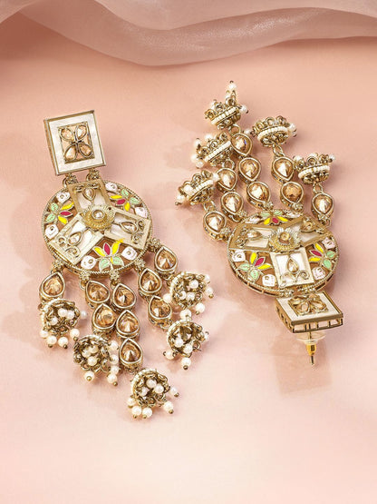 Dhiyona RJ Women's 22K Gold-Plated Multicolour Enamel & Kundan Studded Long Jhumka Dangler Earrings
