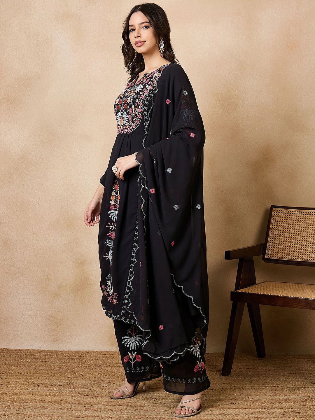 Dhiyona KL Floral Embroidered Georgette A-Line Kurta with Palazzos & Dupatta