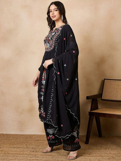Dhiyona KL Floral Embroidered Georgette A-Line Kurta with Palazzos & Dupatta