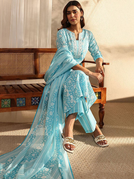 Women Floral Printed Regular Thread Work Kurta with Trousers & With Dupatta