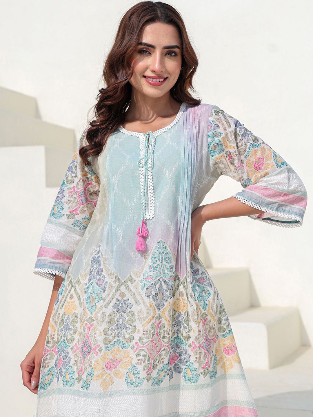 Dhiyona IE Floral Printed Notch Neck A Line Pure Cotton Kurta With Trousers