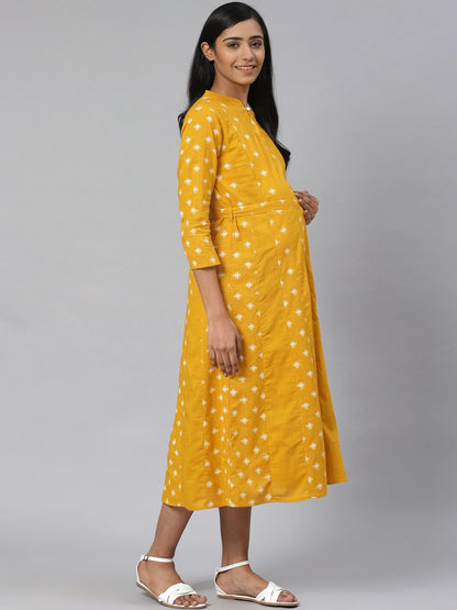 Dhiyona AY Women's Mustard Yellow & Off-White Printed Pure Cotton Maternity A-Line Dress