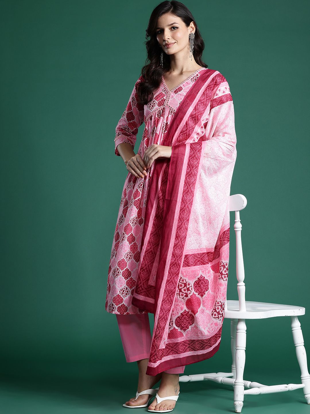 Dhiyona IE Printed Empire Mirror Work Pure Cotton Kurta With Trousers & Dupatta