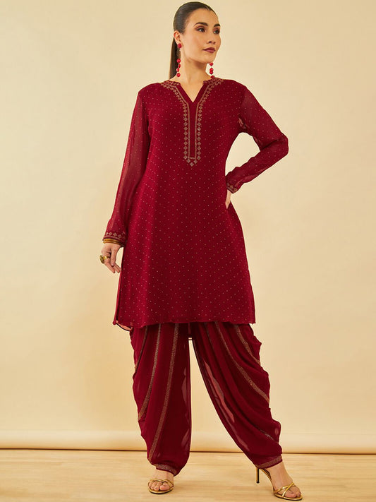 Dhiyona SO Women's Red Ethnic Motifs Yoke Design Beads and Stones Georgette Kurta With Salwar & Dupatta