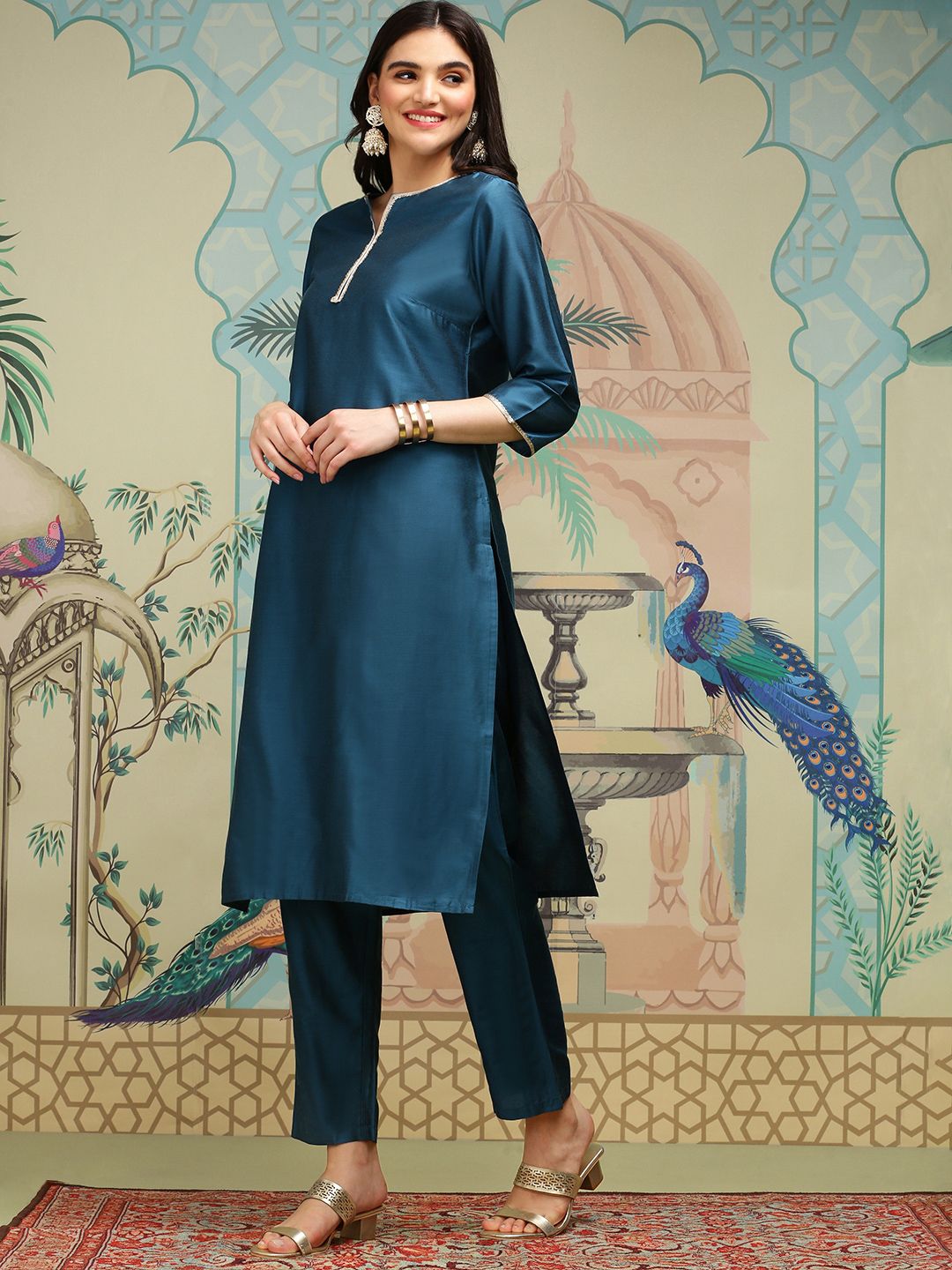 Dhiyona IS Women's Notch Neck Thread Work Silk Crepe Straight Kurta with Trousers & Dupatta
