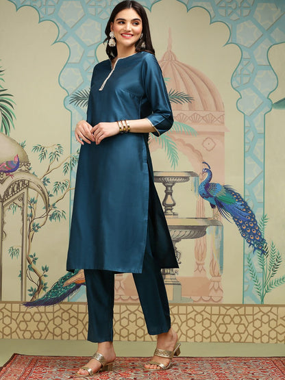 Dhiyona IS Women's Notch Neck Thread Work Silk Crepe Straight Kurta with Trousers & Dupatta