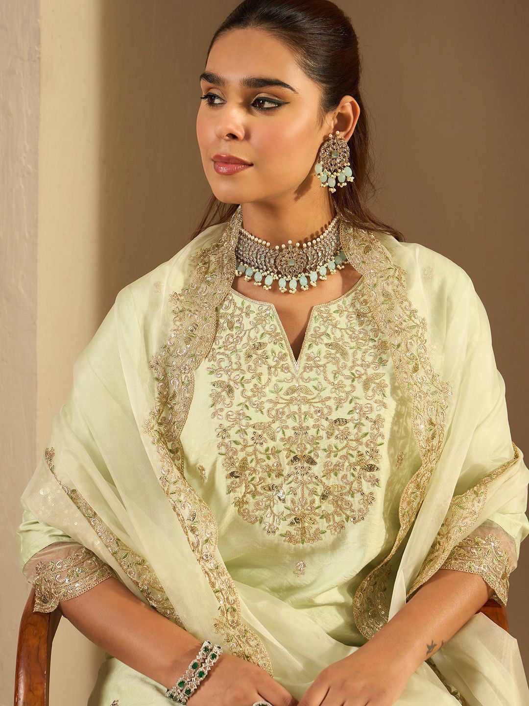 Floral Embroidered Notched Neck Liva Straight Kurta With Trousers & Dupatta