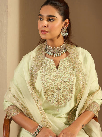 Floral Embroidered Notched Neck Liva Straight Kurta With Trousers & Dupatta