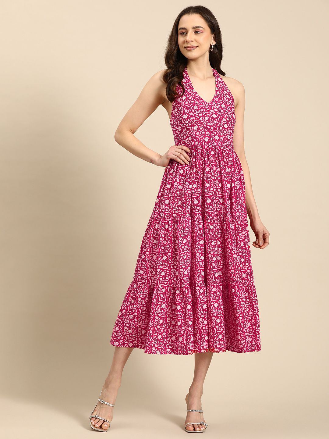 Dhiyona AY Women's Floral Print Halter Neck Fit & Flare Pure Cotton Midi Dress