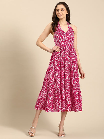 Dhiyona AY Women's Floral Print Halter Neck Fit & Flare Pure Cotton Midi Dress
