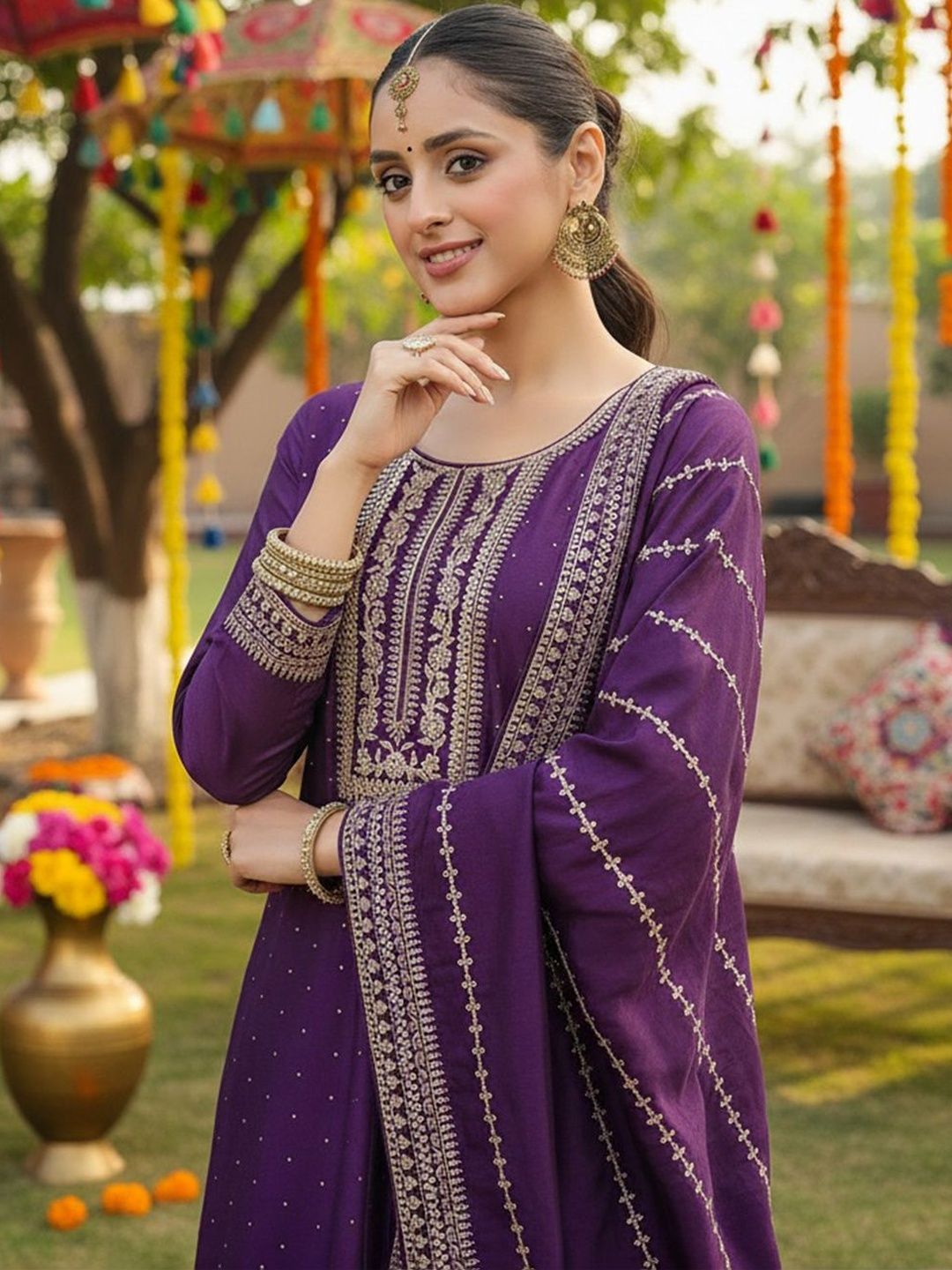 Dhiyona KL Women Ethnic Motifs Embroidered Regular Thread Work Kurta with Palazzos & With Dupatta