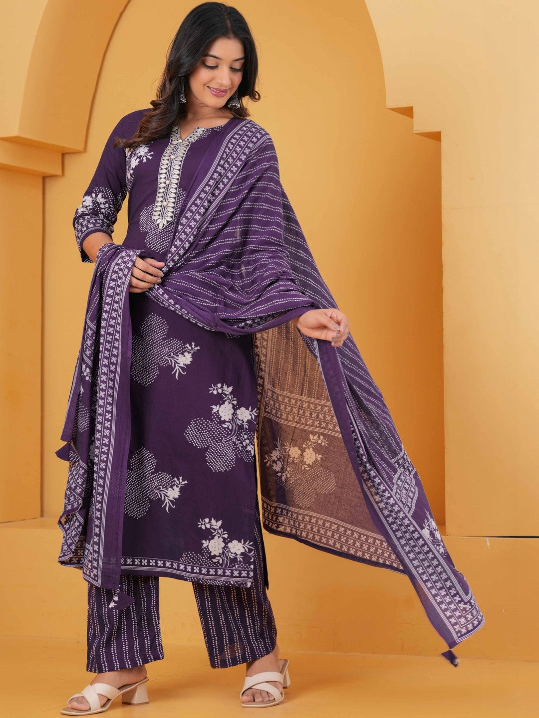 Printed Pure Cotton Round Neck Kurta & Trousers With Dupatta