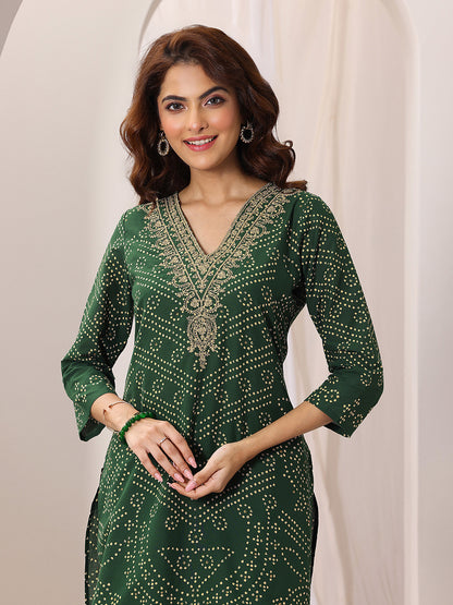 Bandhani Printed Thread Work Straight Kurta With Trousers & Dupatta