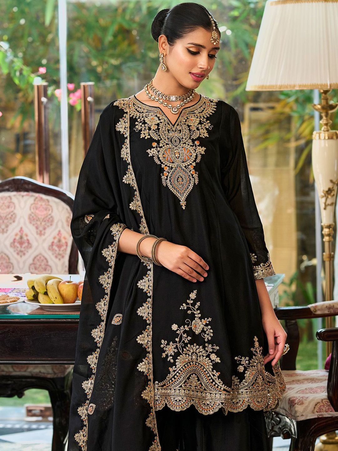 Dhiyona IE Floral Embroidered Sequinned Chinon A-Line Kurta With Palazzos & Dupatta
