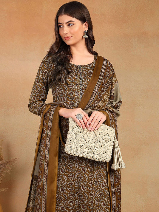 Dhiyona KL Floral Printed Thread Work Straight Kurta with Trousers & Dupatta